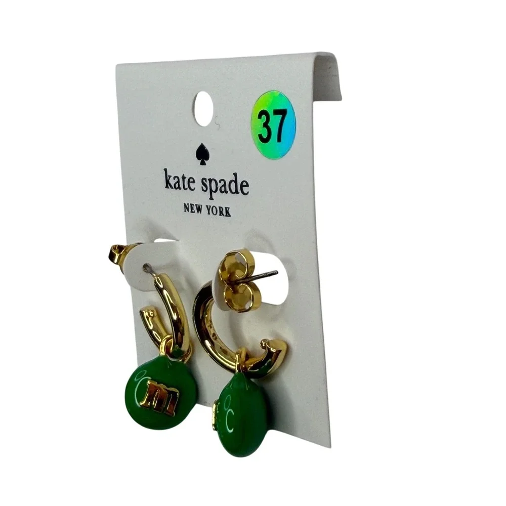 Kate Spade M&Ms Green Peanut Huggie‎ Hoop Earrings Gold Tone Enamel NWT Preppy